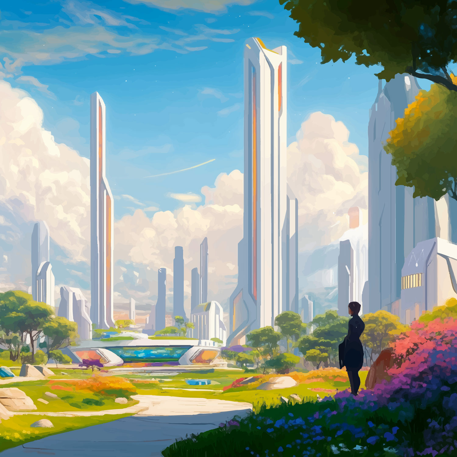 A futuristic city with a person looking to the beautifull field